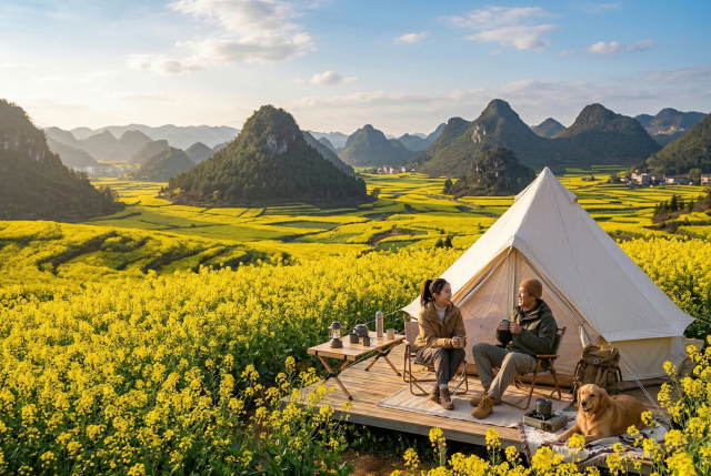 曲靖罗平油菜花田露营地 金色花海中的露营体验
