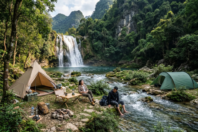 楚雄大姚三潭瀑布露营 瀑布溪流旁的清凉露营
